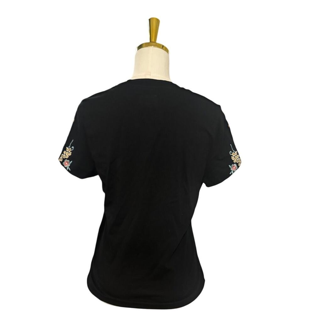 Driftwood Embroidered Floral Tee Black Boho Folk Art Cotton Top Size M - Picture 4 of 7